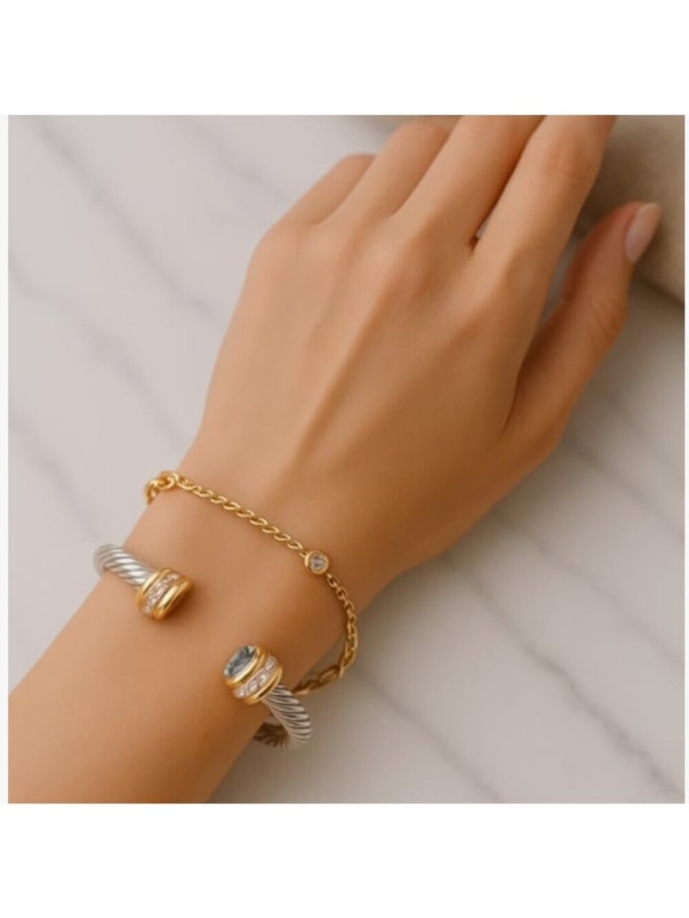 Sculptural Cable Cuff Bracelet — Two-Tone Gold & Silver Crystal Torque Bangle